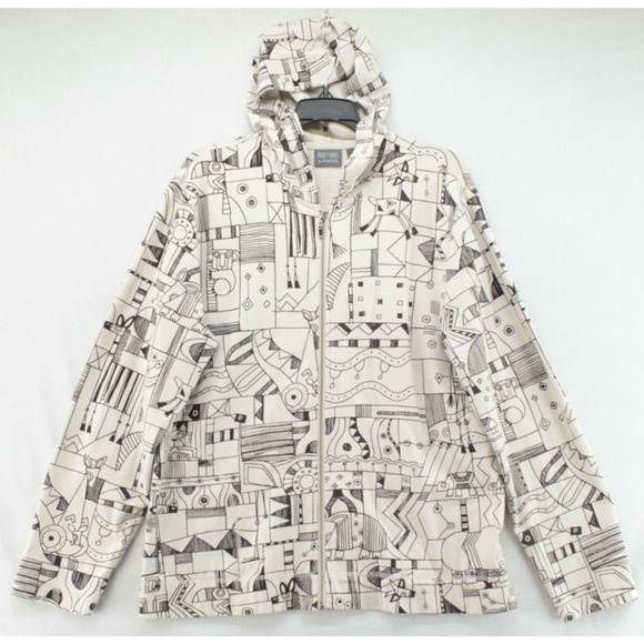 Additions by Chico's Hoodie Women 2 sz L Beige Jacket Geometric Animals Art Deco - Picture 1 of 8